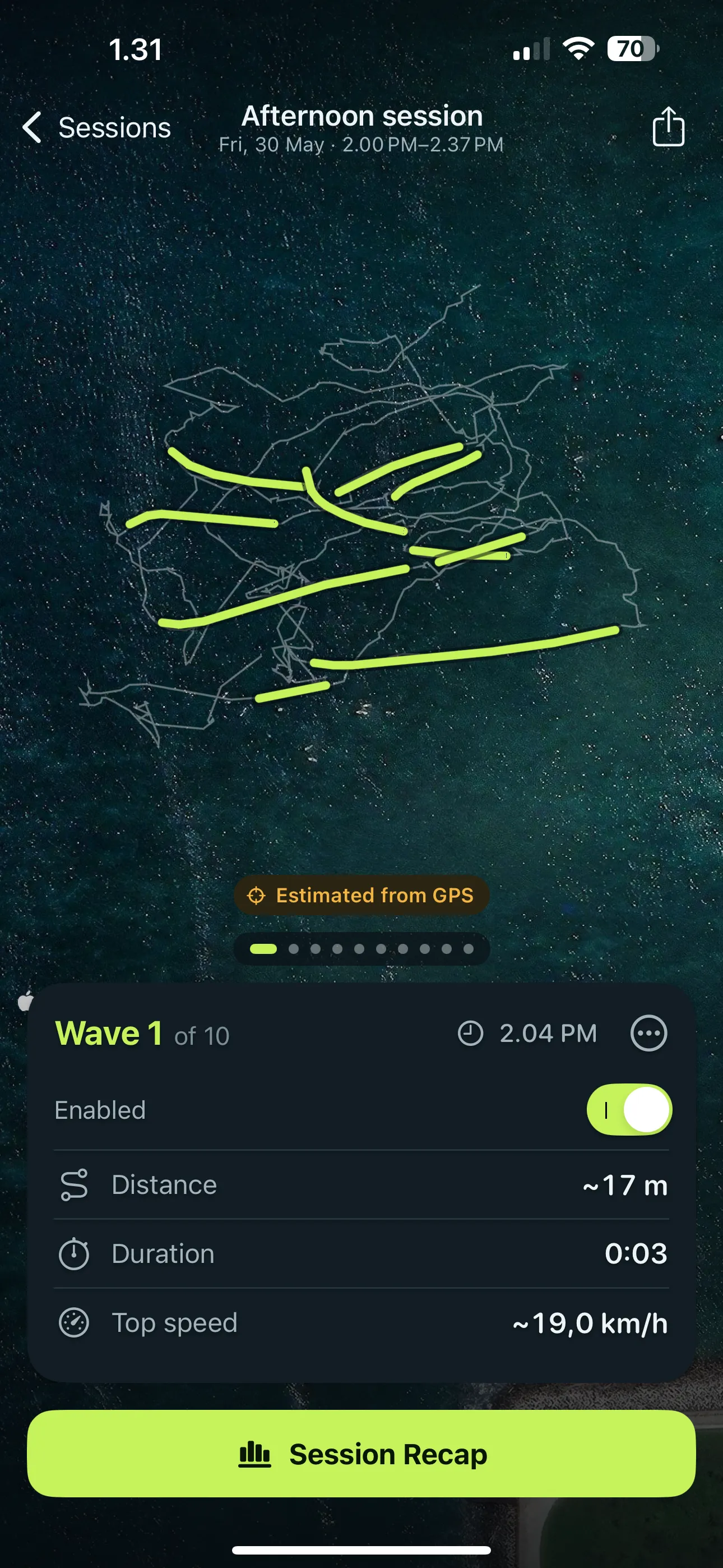 Session map with ten rides in lime and a card for wave 1 showing distance, duration and top speed, with an Enabled switch