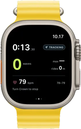 Apple Watch Ultra recording a session: elapsed time, tracking, wave count, ride distance and heart rate